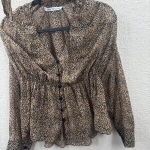 Zara semi sheer neck tie long puff sleeve v neck Peplum Top Blouse Animal print